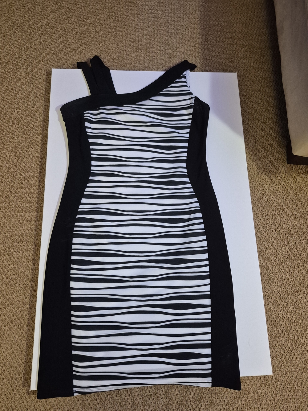 Frank Lyman Design Black and White One-Shoulder Striped Bodycon Dress